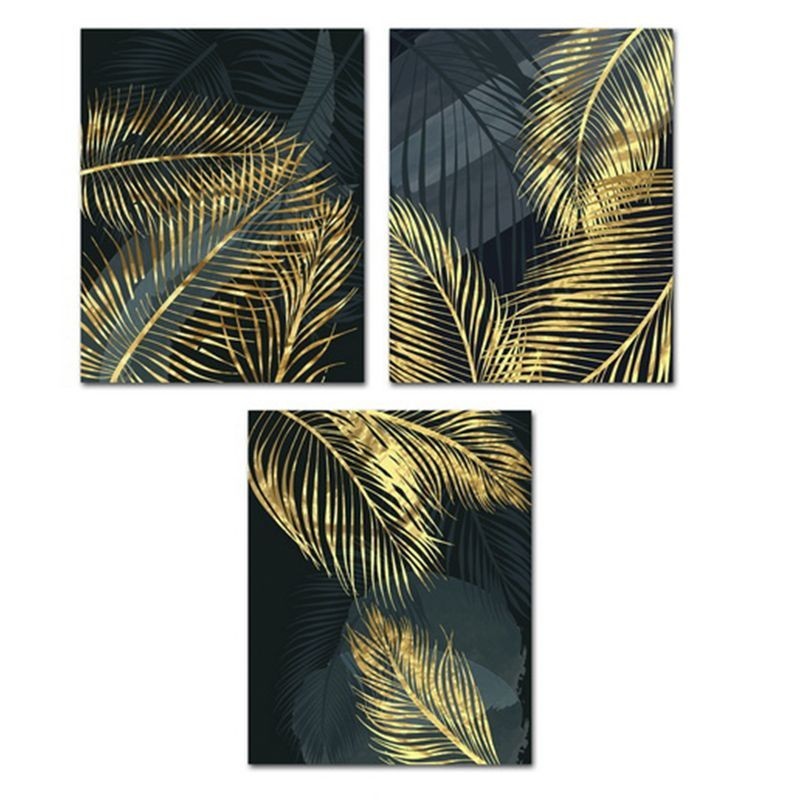 Set Cuadro Decorativo x3 Lienzo Palmeras Plantas Tropicales Dorado y Negro  Decoración Pared Elegante 40x50 cm