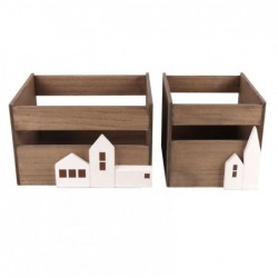 Set de 2 Caja Abierta Madera Marrón Casitas Blancas Almacenaje Decorativo 28 cm