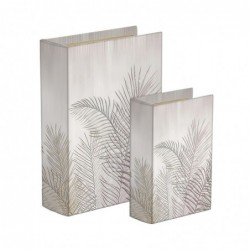 Set de 2 Caja Libro Decorativa Madera Almacenaje Elegante Hojas Tropicales Gris Beige 2 Tamaños 23 cm