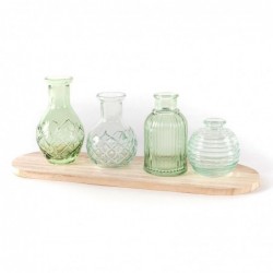 Set de 4 Jarrón Cristal Decorativo Florero Pequeño Verde con Base Madera Decoración Boho 33 cm