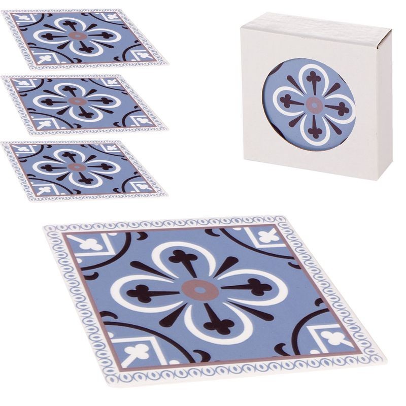 Set de 4 Posavasos Cerámica Decorativos Diseño Hidráulico Azul 10 cm