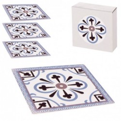 Set de 4 Posavasos Cerámica Decorativos Diseño Hidráulico Blanco y Azul 10 cm