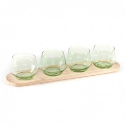 Set de 4 Vaso Portavelas Cristal Decorativo Verde con Base Madera Decoración Boho 34 cm