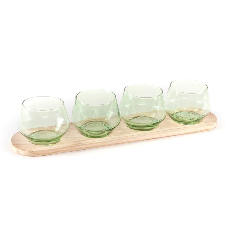 Set de 4 Vaso Portavelas Cristal Decorativo Verde con Base Madera Decoración Boho 34 cm