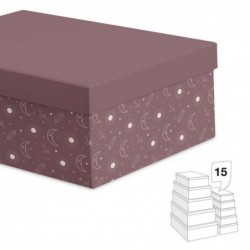 Set Juego 15 Cajas Cartón Diferentes Tamaños Almacenaje Sol y Luna Rosa Palo Oscuro 55 cm