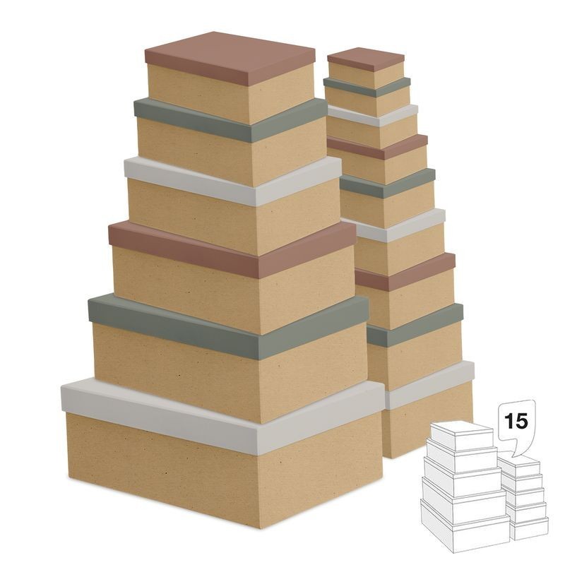 Set Juego 15 Cajas Cartón Diferentes Tamaños Almacenaje Tapas Colores Craft Marrón 55 cm