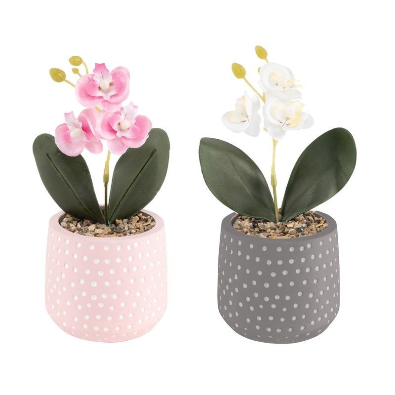 Set Maceta Planta Artificial x2 Orquídea Rosa y Blanca Flores Plástico Decoración Interior Exterior 21 cm