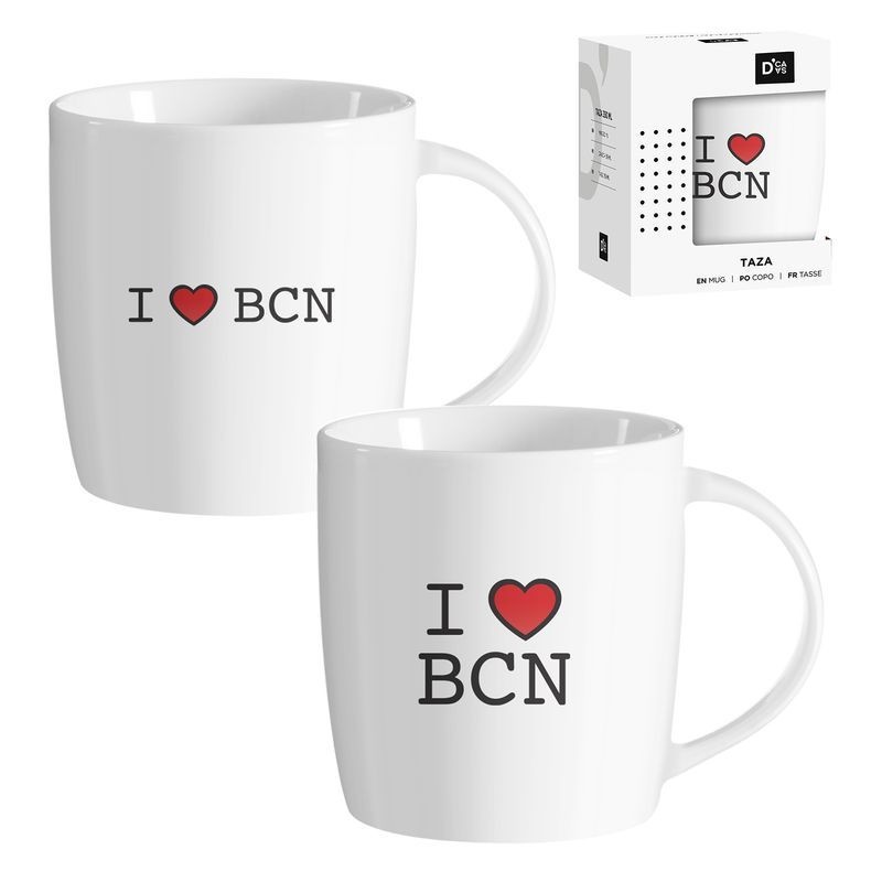 Set Mug Taza Cerámica 350ML Blanca I Love BCN Barcelona x2 Modelos 10 cm