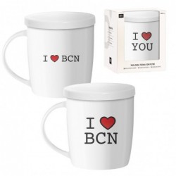 Set Mug Taza Té Tisana con Filtro Blanca I Love BCN Barcelona x2 Modelos 10cm