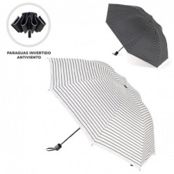 Set Paraguas Plegable x2 Antiviento Invertido Sin Mojar 2 Colores Rayas Blancas Negras 26 cm