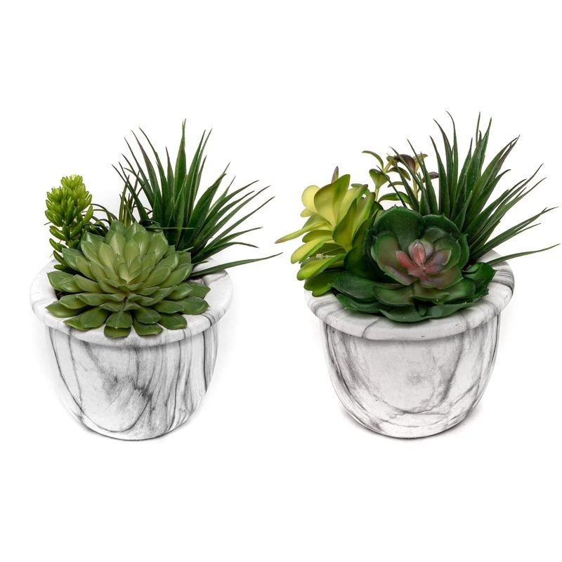 Set Planta Artificial x2 Cactus Maceta Efecto Marmol Blanco Decoración Interior Exterior 19 cm