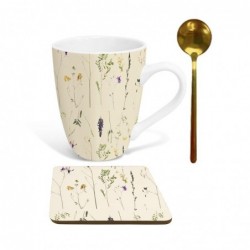 Set Taza Mug 300ML con Cuchara Dorada y Posavasos Flores Silvestres Beige 10 cm