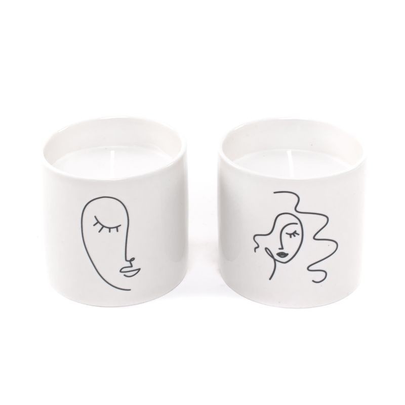 Set Vela x2 Vaso Cerámica Blanca Cara Mujer Abstracta Decorativa Modera 8 cm