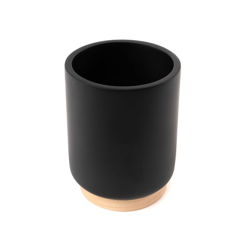 Vaso Baño Portacepillos Negro Base Madera Elegante 10 cm