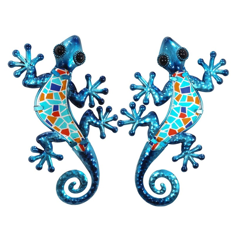 Adorno de pared LAGARTO AZUL en metal y vidrio x2 modelos 21x12 cm