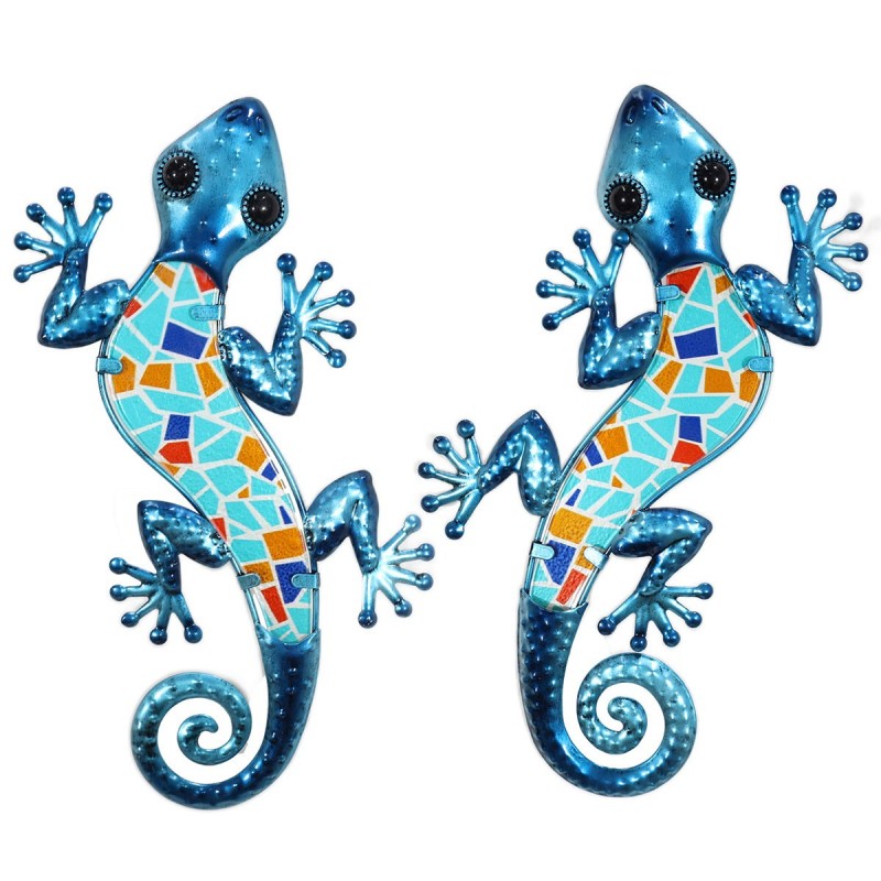 Adorno de pared LAGARTO AZUL en metal y vidrio x2 modelos 30x14 cm