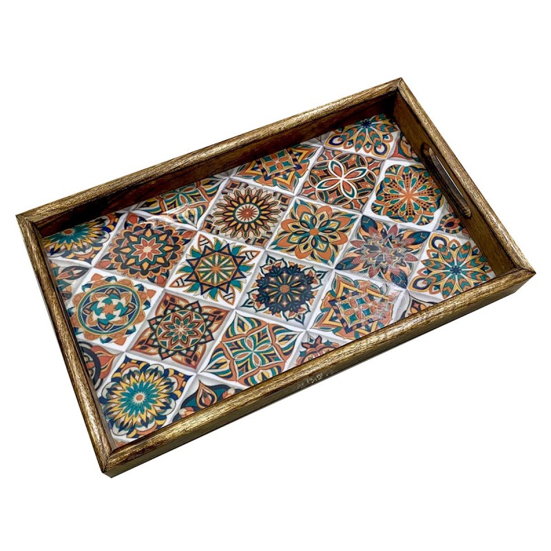 Bandeja de servir rectangular de madera MANDALA con asas 22x37 cm