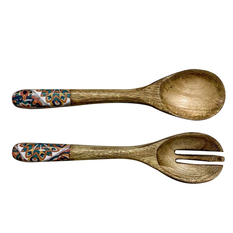 Cubiertos de madera para ensalada MANDALA cuchara y tenedor 34 cm