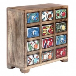 Especiero indio de madera y ceramica con 12 cajones multicolores 21x20 cm