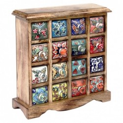 Especiero indio de madera y ceramica con 16 cajones multicolores 31x31 cm