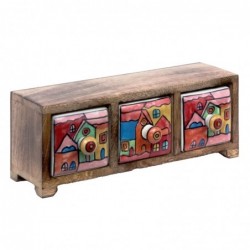 Especiero indio de madera y ceramica con 3 cajones multicolores 29x11 cm