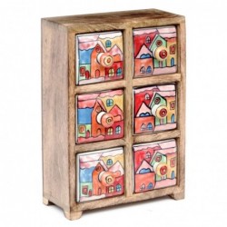Especiero indio de madera y ceramica con 6 cajones multicolores 19x28 cm