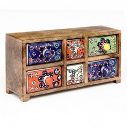 Especiero indio de madera y ceramica con 6 cajones multicolores 31x15 cm