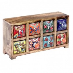 Especiero indio de madera y ceramica con 8 cajones multicolores 29x15 cm