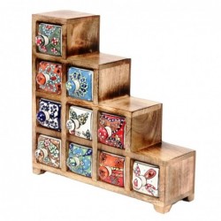 Especiero indio de madera y ceramica ESCALERA con 10 cajones multicolores 29x29 cm