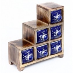 Especiero indio de madera y ceramica ESCALERA con 6 cajones azules 23x23 cm