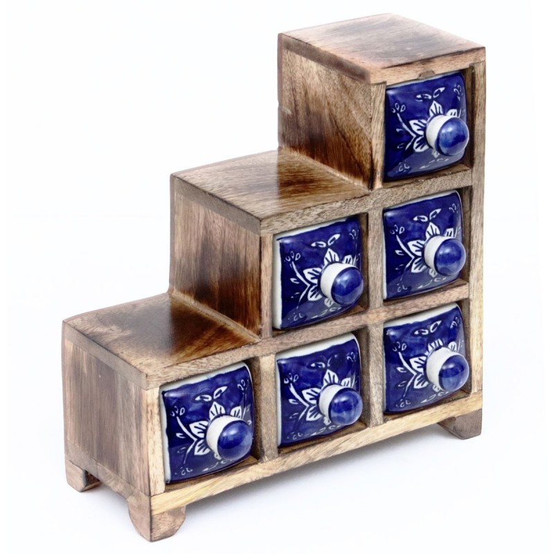 Especiero indio de madera y ceramica ESCALERA con 6 cajones azules 23x23 cm