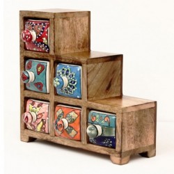 Especiero indio de madera y ceramica ESCALERA con 6 cajones multicolores 22x22 cm