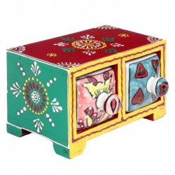 Especiero indio multicolor de madera y ceramica con 2 cajones 16x9 cm