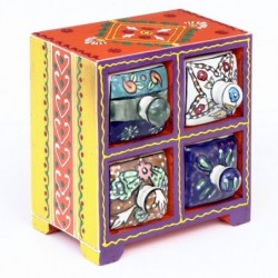 Especiero indio multicolor de madera y ceramica con 4 cajones 16x16 cm