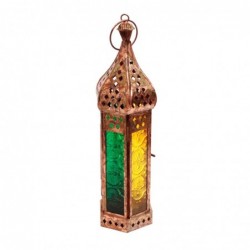 Farol portavelas de laton con vidrio verde y amarillo 7x27 cm