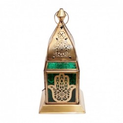 Farol portavelas de laton MANO DE FATIMA 13x28 cm con vidrio verde