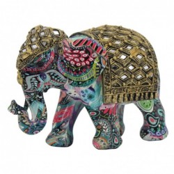 Figura Decorativa Elefante Hindú de Resina con Estampado Colorido y Espejitos
