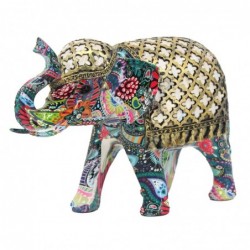 Figura Decorativa Elefante Hindú de Resina con Estampado Colorido y Espejitos