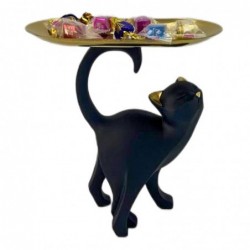 Figura Decorativa Gato Negro con Bandeja Dorada