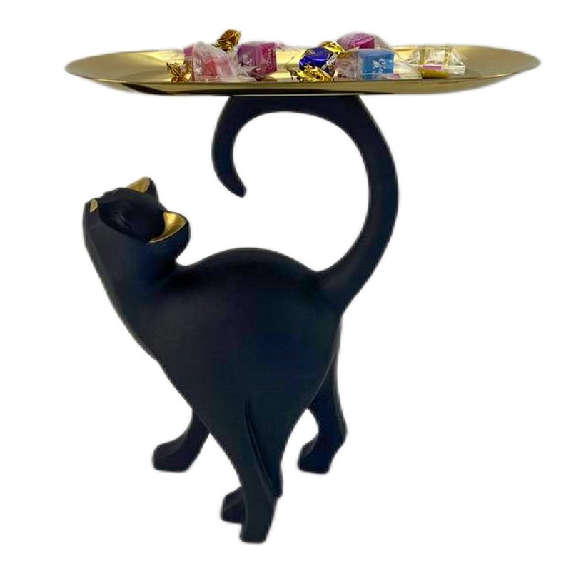 Figura Decorativa Gato Negro con Bandeja Dorada, Vaciabolsillos para  Entrada Recibidor Original y Divertido, Decoración Hallowee