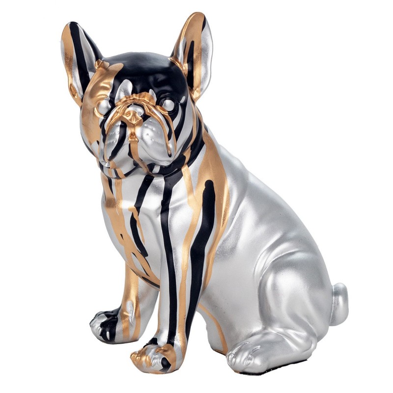 Figura Decorativa Perro Bulldog Francés Plateado con Pintura Dorada y Negra