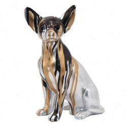 Figura Decorativa Perro Chihuahua Plateado con Pintura Dorada y Negra