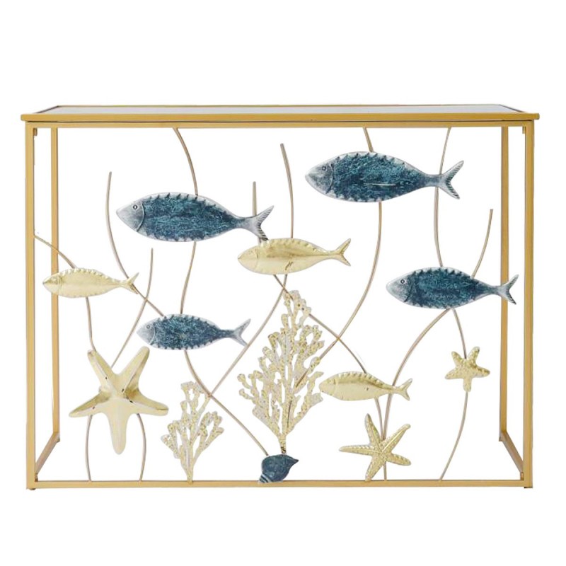 Mesa Consola de Entrada y Pasillo Metal Dorado con Peces de Acuario y  Tablero de Vidrio, Mueble Auxiliar Decoración Elegante par