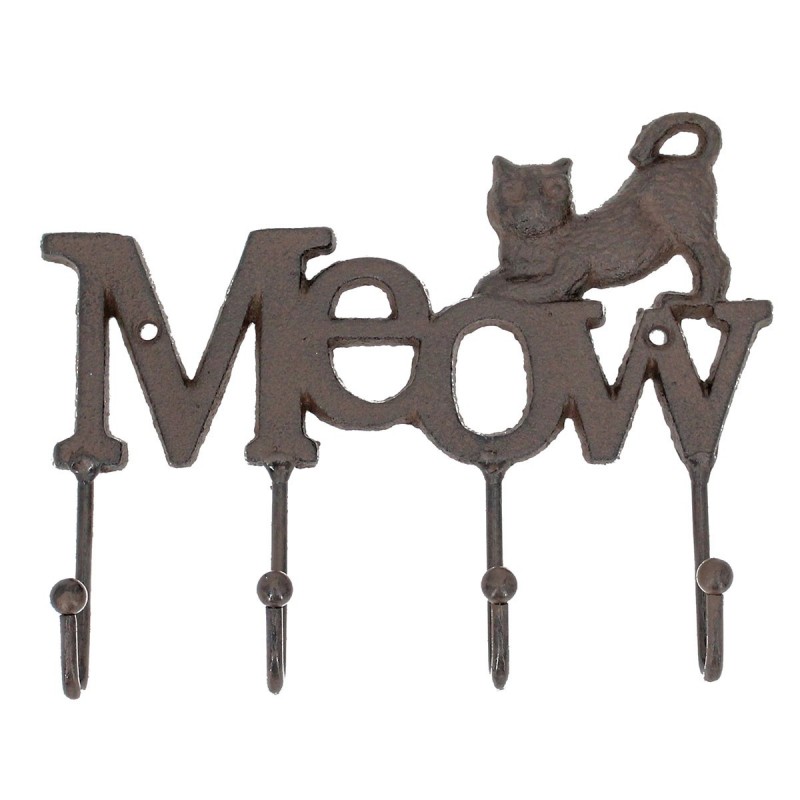 Perchero de pared antiguo GATO MEOW con 4 ganchos vintage 16x20 cm