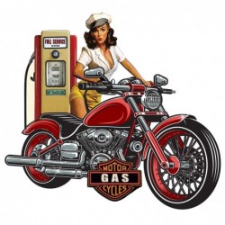 Placa Pared Metal Chica Pinup sobre Moto en Gasolinera Vintage