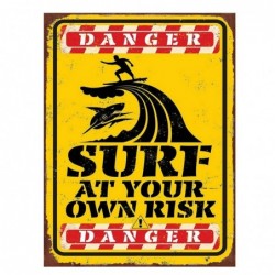 Placa Pared Metal SURF AT YOUR OWN RISK Vintage