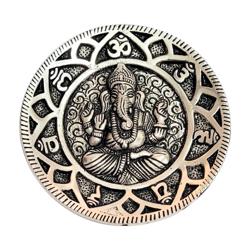Plato Apoyador de Incienso Decorativo Metálico Plateado Ganesha y 7 Chakras