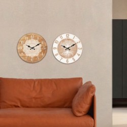 Reloj Pared Redondo Madera Marrón Flor Mandala Blanca