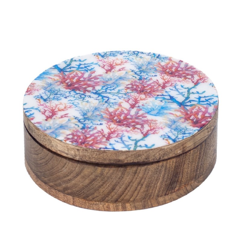 Caja decorativa redonda CORAL madera 20 cm ambiente marino