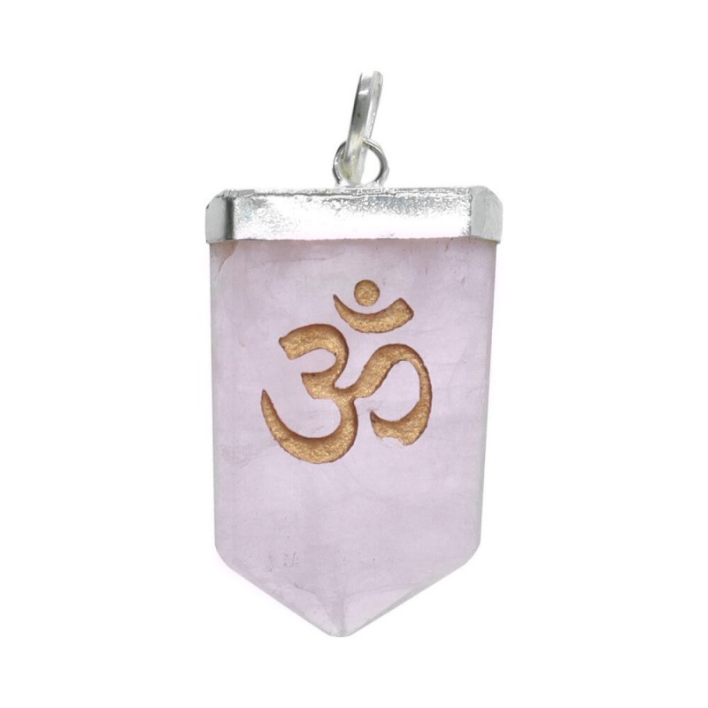 Colgante de Cuarzo Rosa Om en Baño de Plata. Regalo perfecto para amantes de la meditación y la energía positiva.